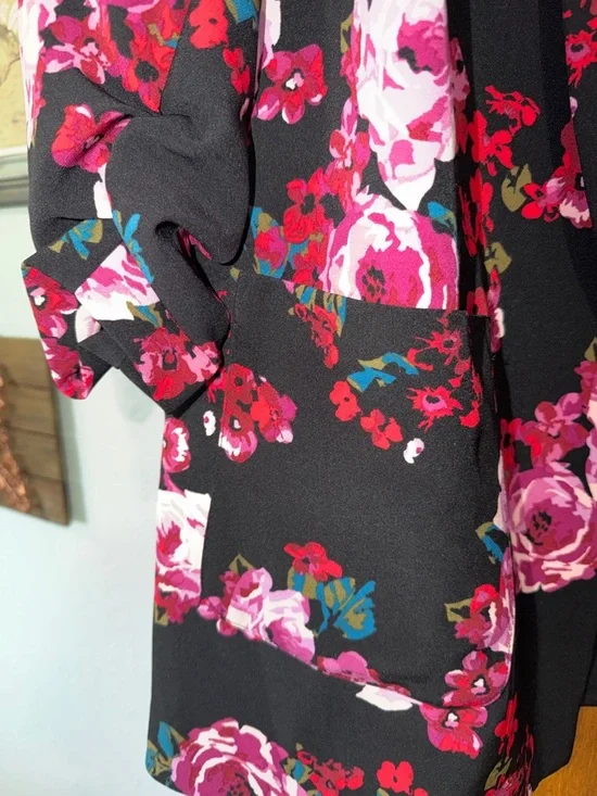 Lane Bryant Black Floral Open Blazer with Pink and Red Roses - Picture 3 of 4
